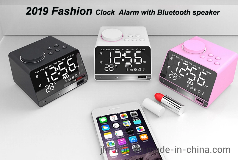 2019 Fashion Tabletop and Desk Blue Tooth Speaker   with Calendar Clock and Dual Alarm FM Radio Speaker Dual USB Charging Week and Temperature Display